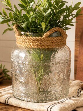 Farmhouse Rooster Glass Jar Rope Handle Rustic Decor Planter Vase Coastal